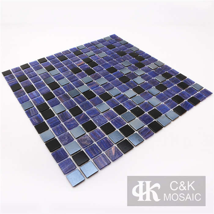 Modern Blue Mixed Square Hot Melting Golden line Glass Mosaic Tile for Wall and Floor MGSM7007
