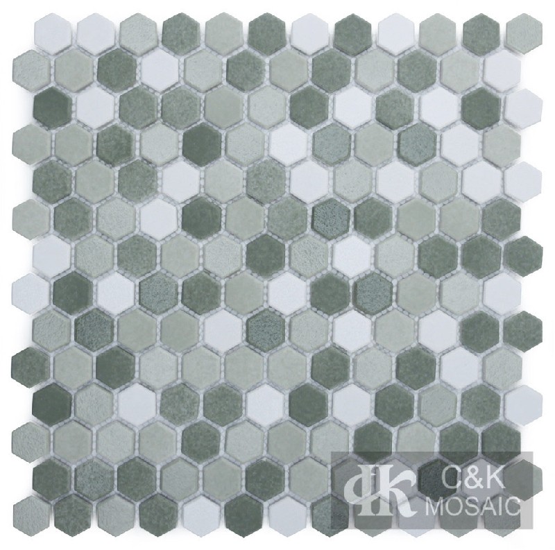 Unique Green&White Hexagon Recycled Glass Mosaic Tiles For Spa MNHN6001