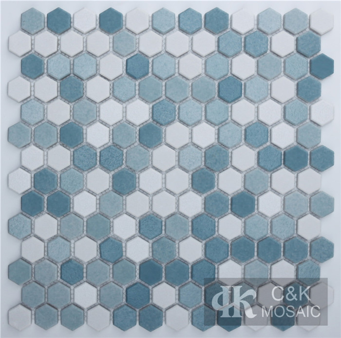 Unique Blue Hexagon Recycled Glass Mosaic Tiles For Spa MNHN7001